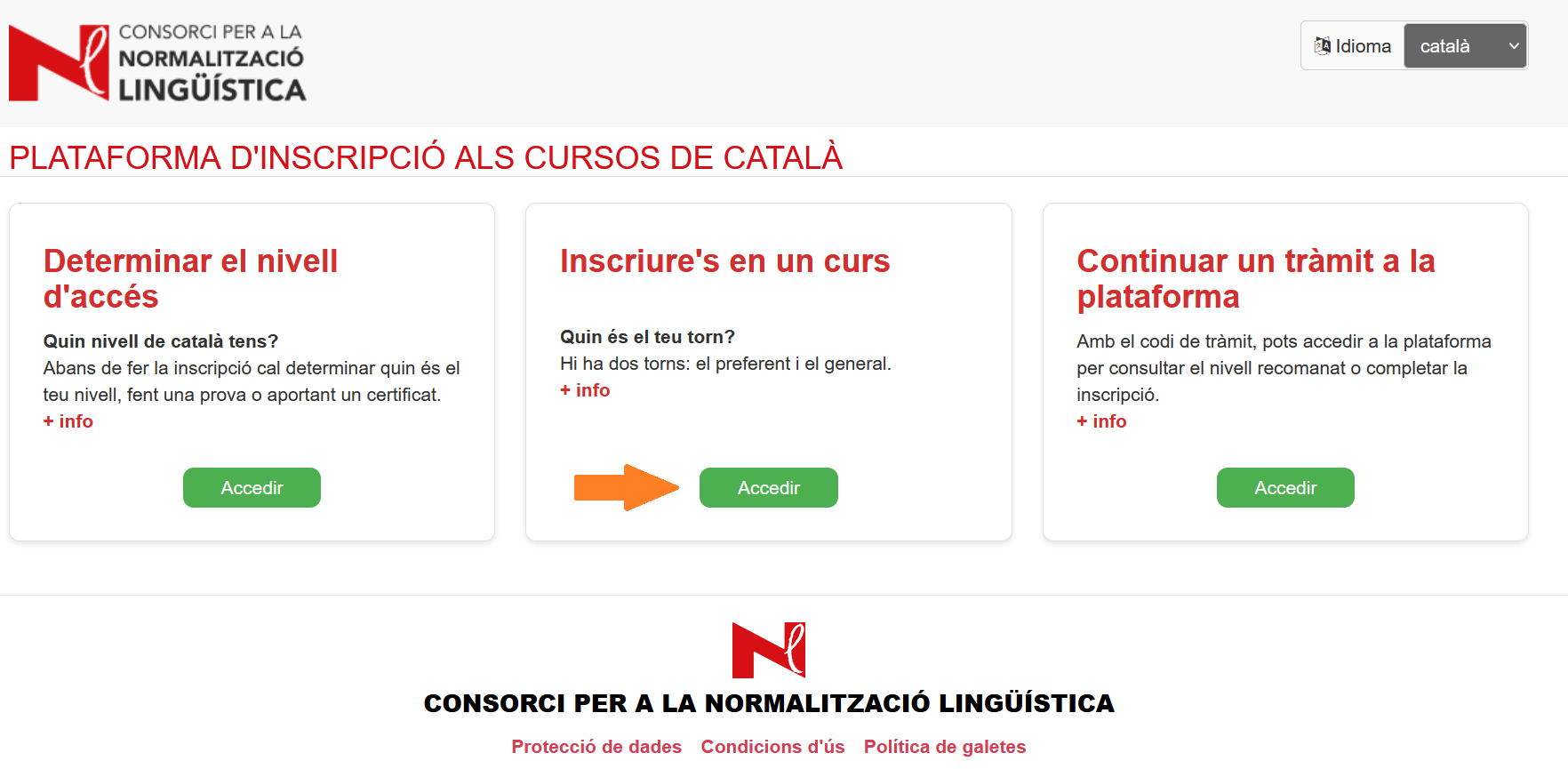 Pàgina d'inici de la plataforma d'inscripció