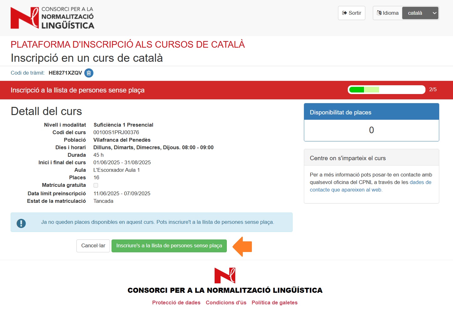 Botó inscriure's a la llista de persones sense plaça